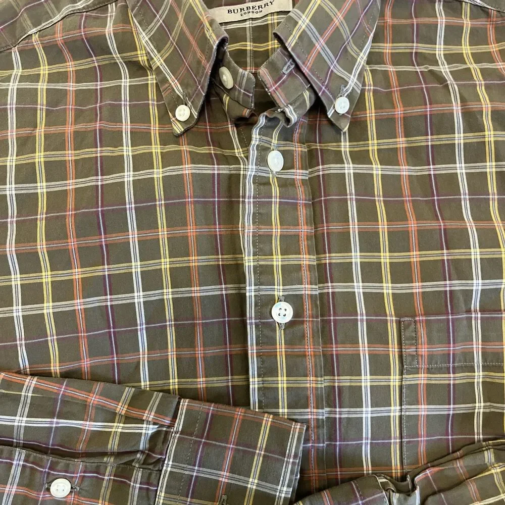 BURBERRY London Men's Brown Yellow Red Button Front Shirt Cotton Size Medium